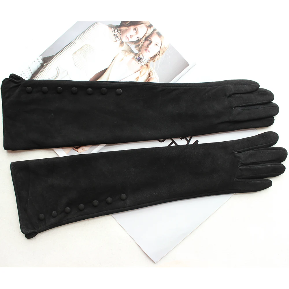 New Women\'s Long Suede Leather Gloves Black Straight Velvet Lining Outdoor Cold And Warm Leather Gloves