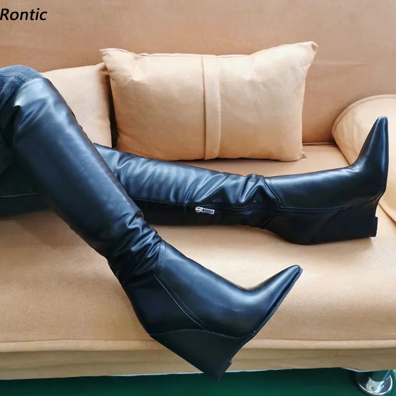 Rontic New Arrival Women Winter Knee Boots Side Zipper Unisex Wedges Heels Pointed Toe Elegant Black Casual Shoes US Size 5-15