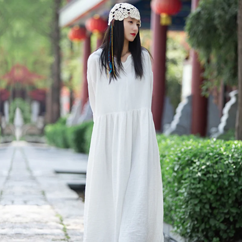 Long-sleeved dress robes long-length literature and art retro spring, summer, autumn cotton and linen loose thin national style