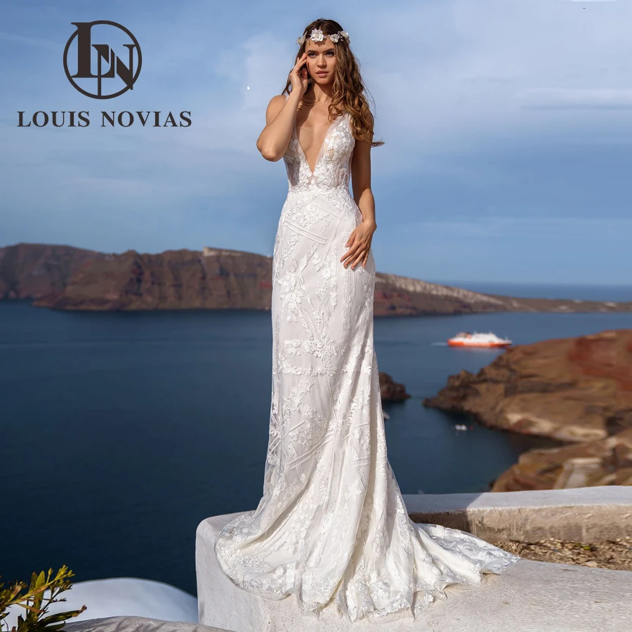 

LOUIS NOVIAS Sheath Wedding Dress Sexy Modern V-Neck Sleeveless Lace Embroidery 2 In 1 Removable Train Beach Vestidos De Novia