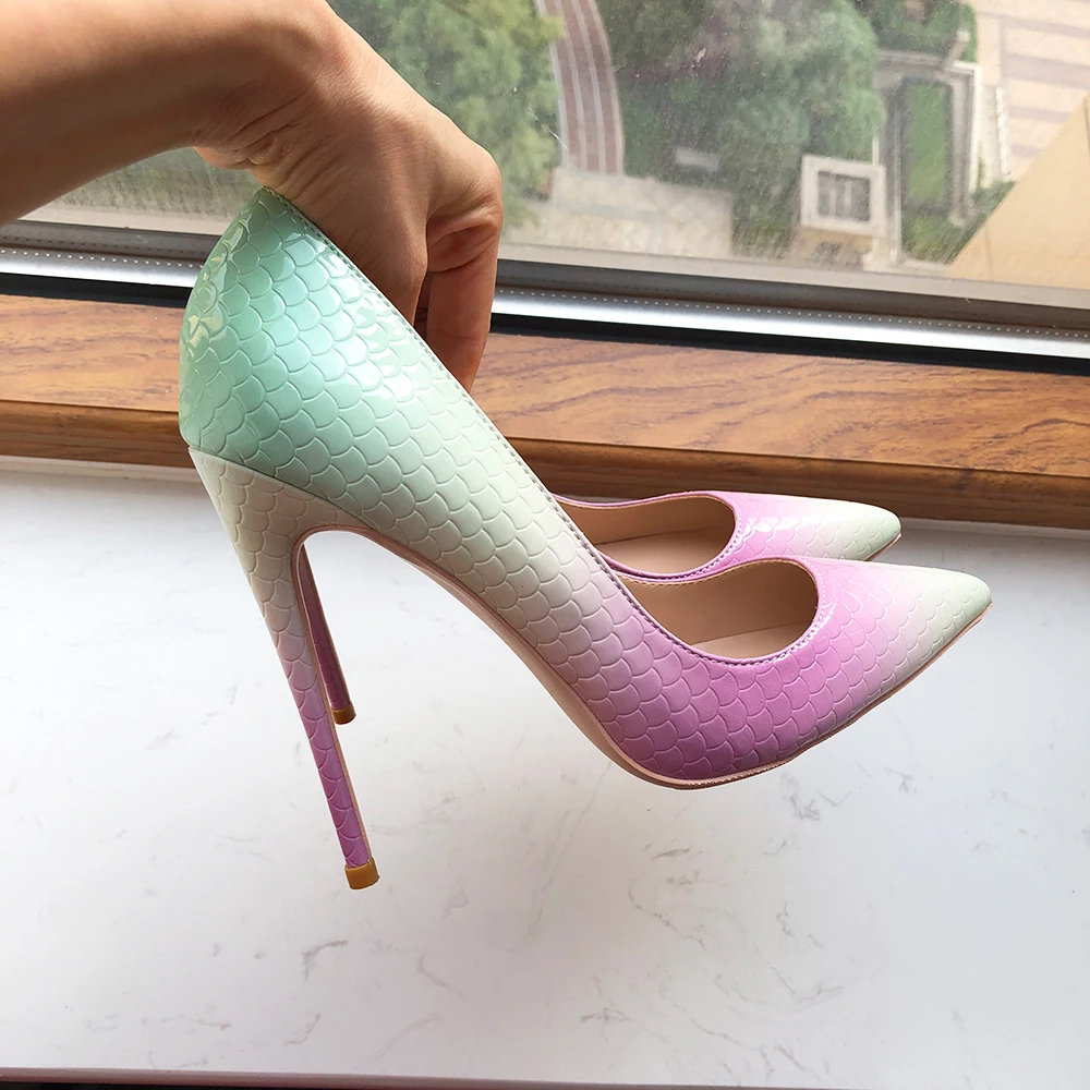 Tikicup Gradient Mint Pink Women Crocodile Effect Pointy Toe High Heel Shoes Sexy Ladies Slip On Stiletto Pumps Size 33 43 44 45