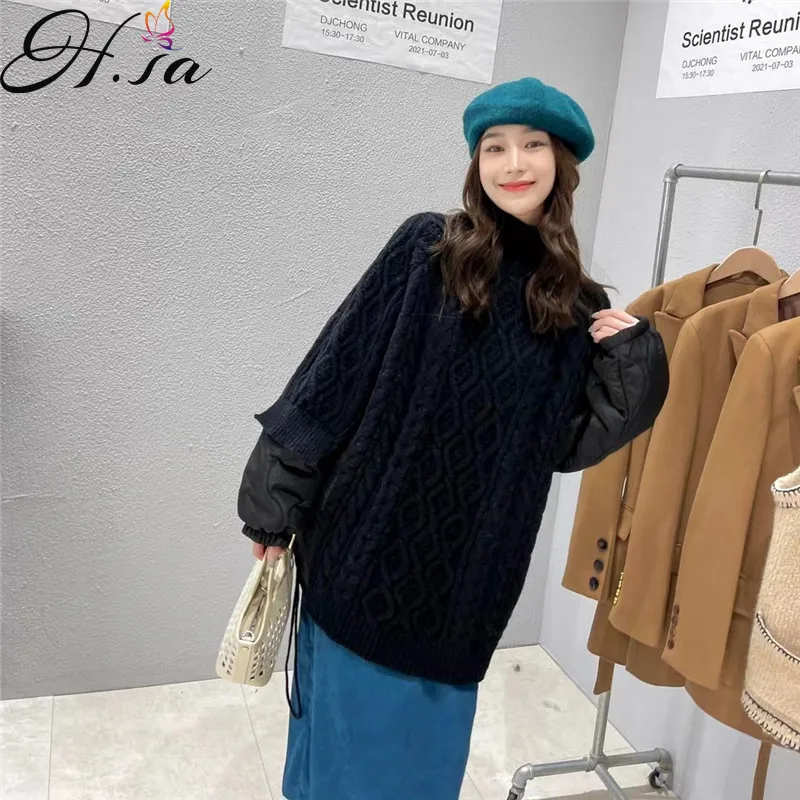 Hsa Fall Winter Sweater Coat 2021 Korean Style Green Jumpers Half Turtleneck Pullover Quilted Stitching Twist Knitted Top