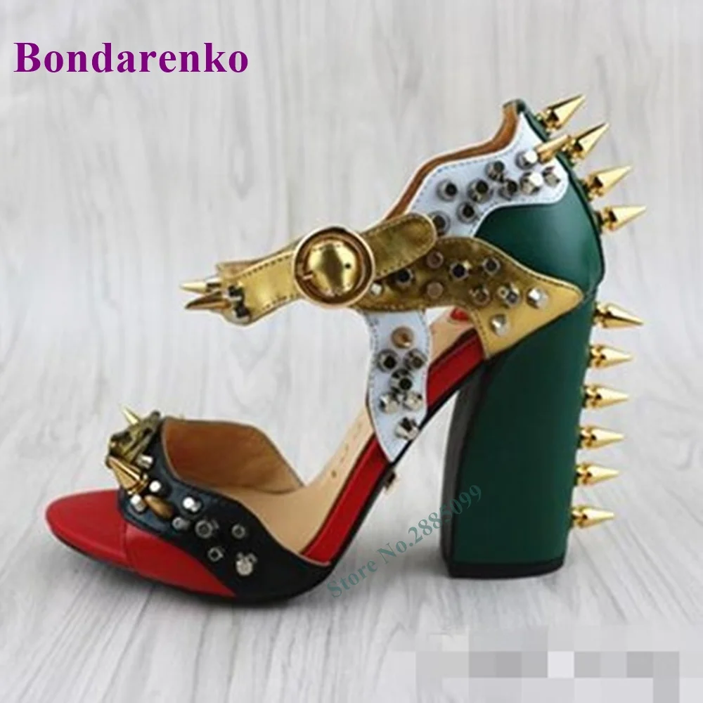 Chunky Heel Rivet Ankle Sandals Open Toe Buckle Straps Mixed Colors Shallow Sexy Lady Summer Fashion Party Dress Sandals Shoes