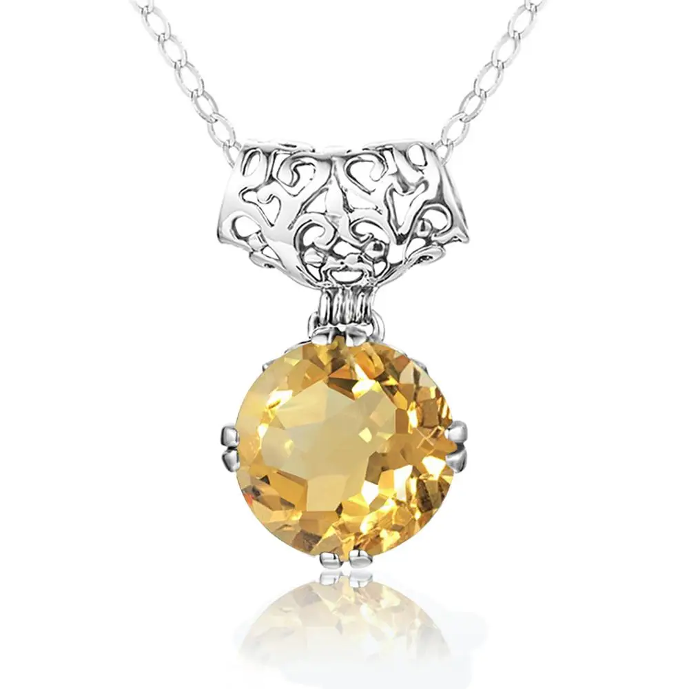 Szjinao Real 925 Sterling Silver Necklace For Women Citrine Gemstone Pendant Necklace Female Round Shape Luxury Jewelry New