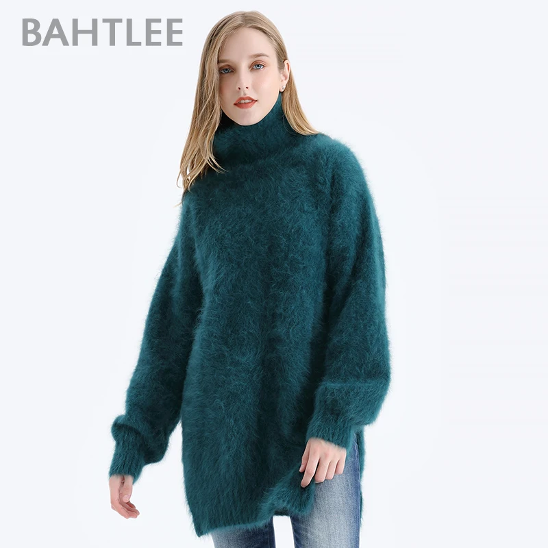 BAHTLEE-Women\'s Angora Pullovers, Wool Knitted Jumper, Long Sleeves, Turtleneck, Loose Style, Autumn, Winter