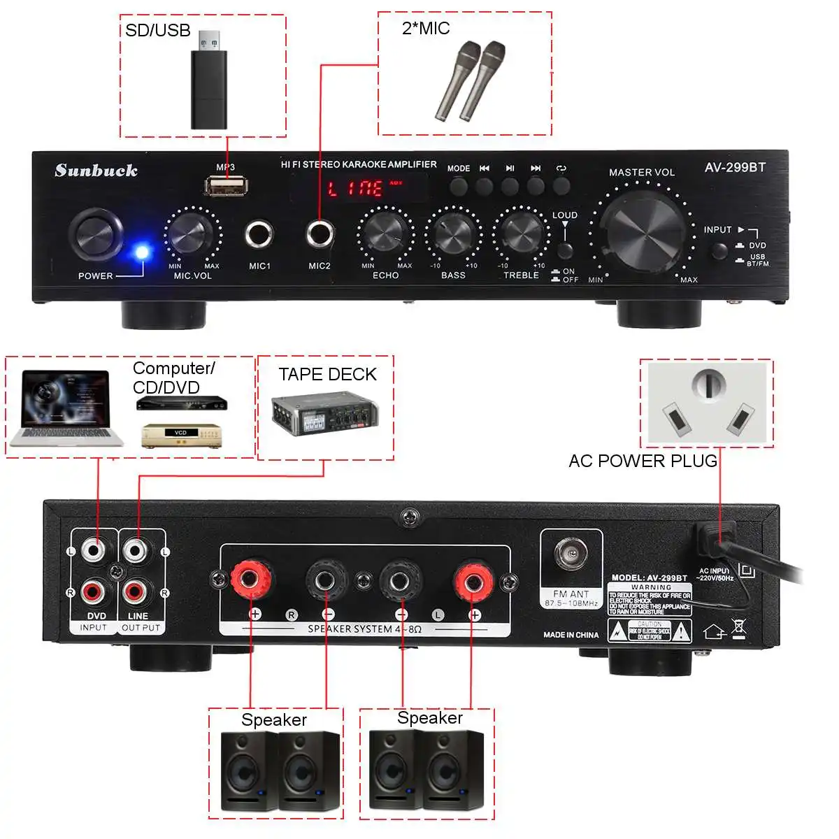 مكبرات الصوت المسرح المنزلي SUNBUCK AV-299BT USB FM 5.0 بلوتوث MP3 2 Mic المدخلات 2CH 2000 واط 50 هرتز ستيريو مكبر كهربائي