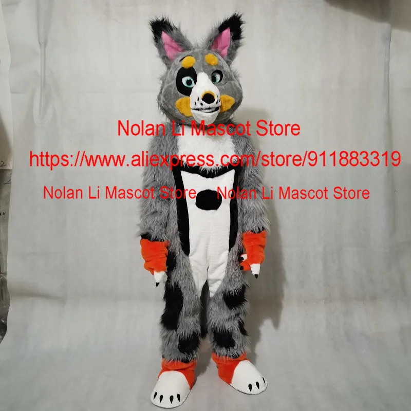 Grijze Volwassen Lange Harige Husky Hond Fox Wolf Mascotte Kostuum Stripfiguur Cosplay Maskerade Festival Viering 1148