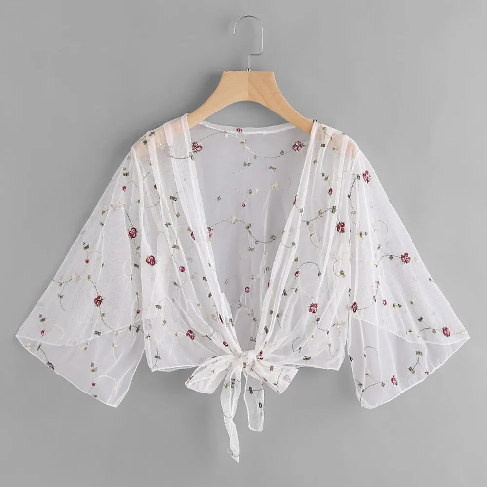 Beachwear Cover Ups Women One Size Floral Print Patchwork Mesh White See Through Ladies Outwear Long Sleeve Bikini Cover-Up Y2k