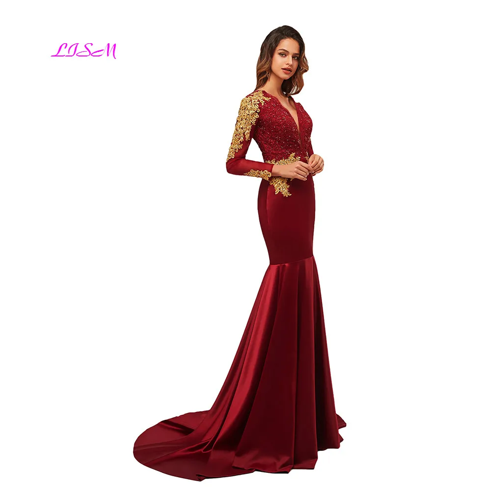 Elegante vestido de noche de sirena, Sexy, con cuello en V profundo, manga larga, satén, para baile de graduación, apliques dorados, vestidos de fiesta formales con cuentas