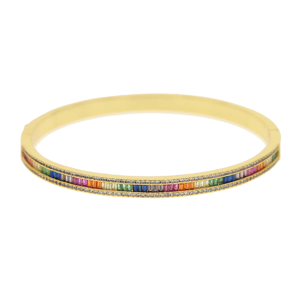 Iced Out Bling Fine Delicate Bracelet Gold Color Rainbow Gradual Bar Rectangle CZ Spectacular Open Cuff Bangle Women Jewelry