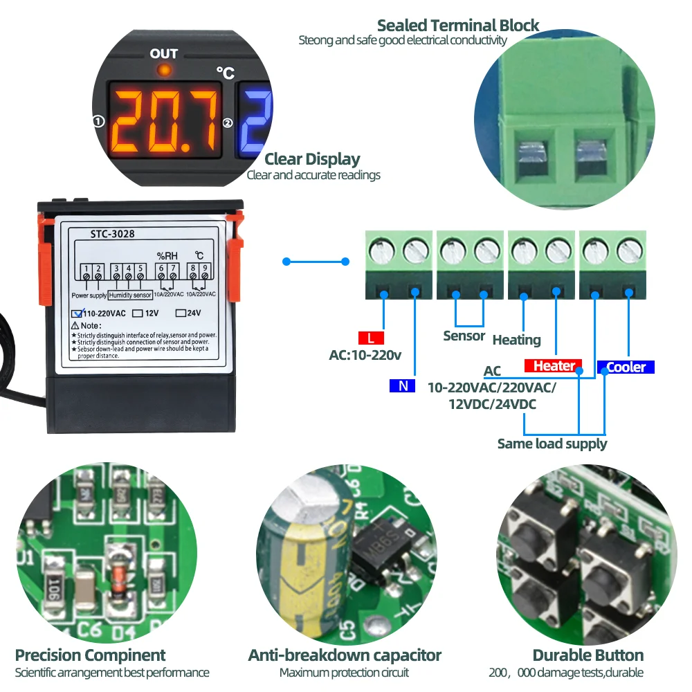 STC-3028 Digital Temperature Humidity Controller Thermostat Thermoregulator Hygrometer Adjustable Cooler Heater