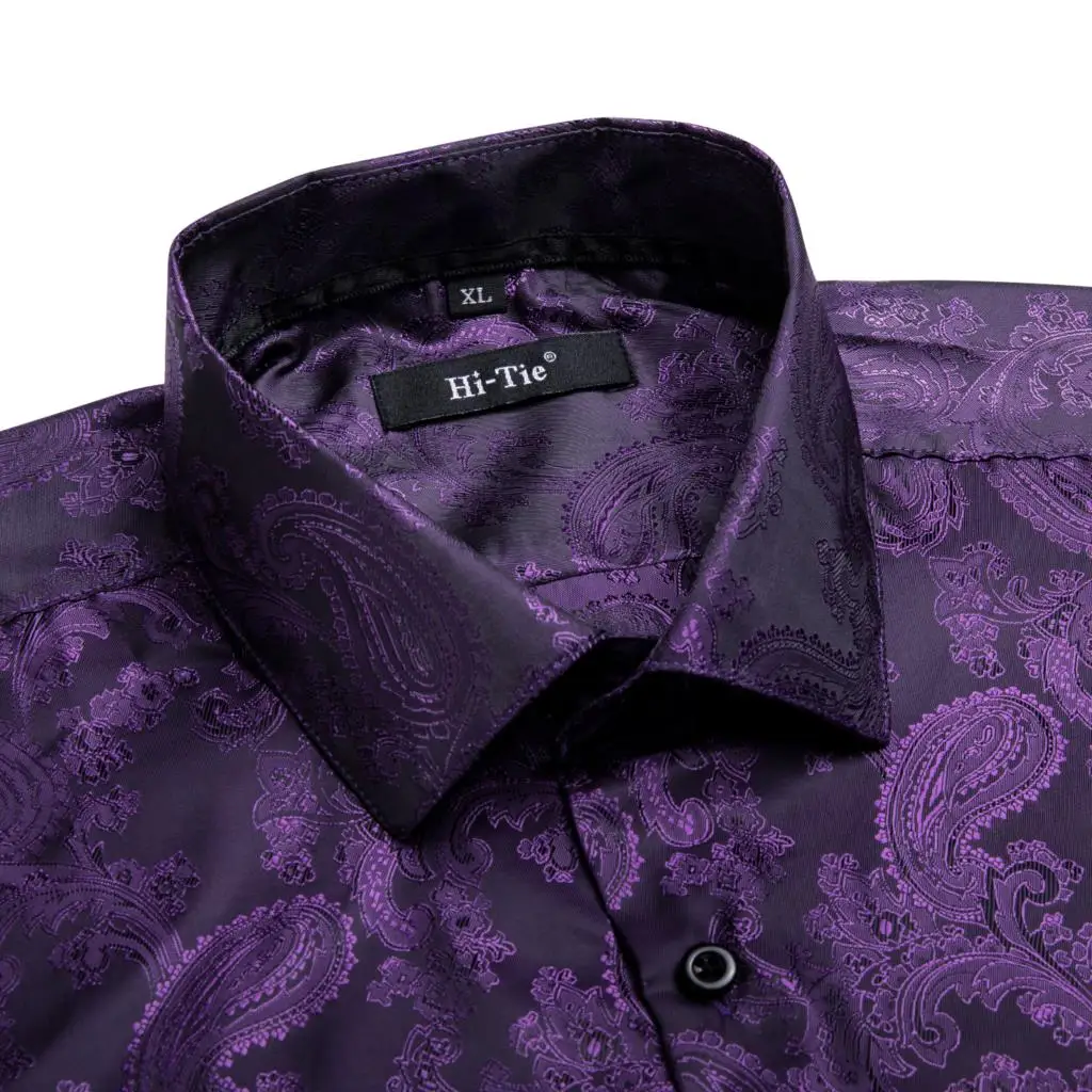 Elegant Purple Paisley Mens Silk Shirts Jacquard Long Sleeve Casual Lapel Shirts for Male Business Party Wedding Designer Hi-Tie