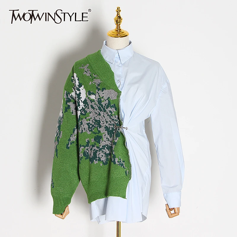 TWOTWINSTYLE Patchwork Hit Color Kitting Shirts Female Lapel Collar Long Sleeve High Waist Tunic Irregular Blouses Women Fashion