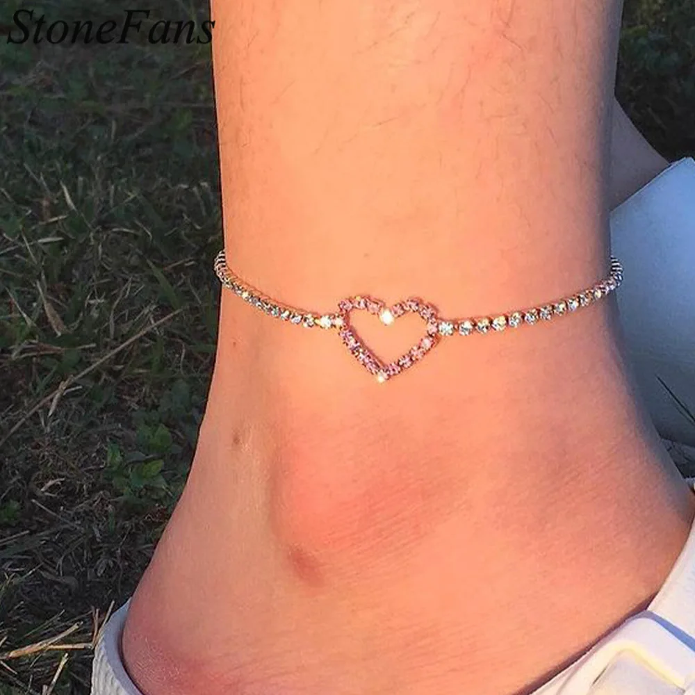 Stonefans 2021 Hollow Charms Crystal Heart Anklet Bracelet Wholesale Jewelry Vendors Rhinestone Foot Jewelry Beach Accessories