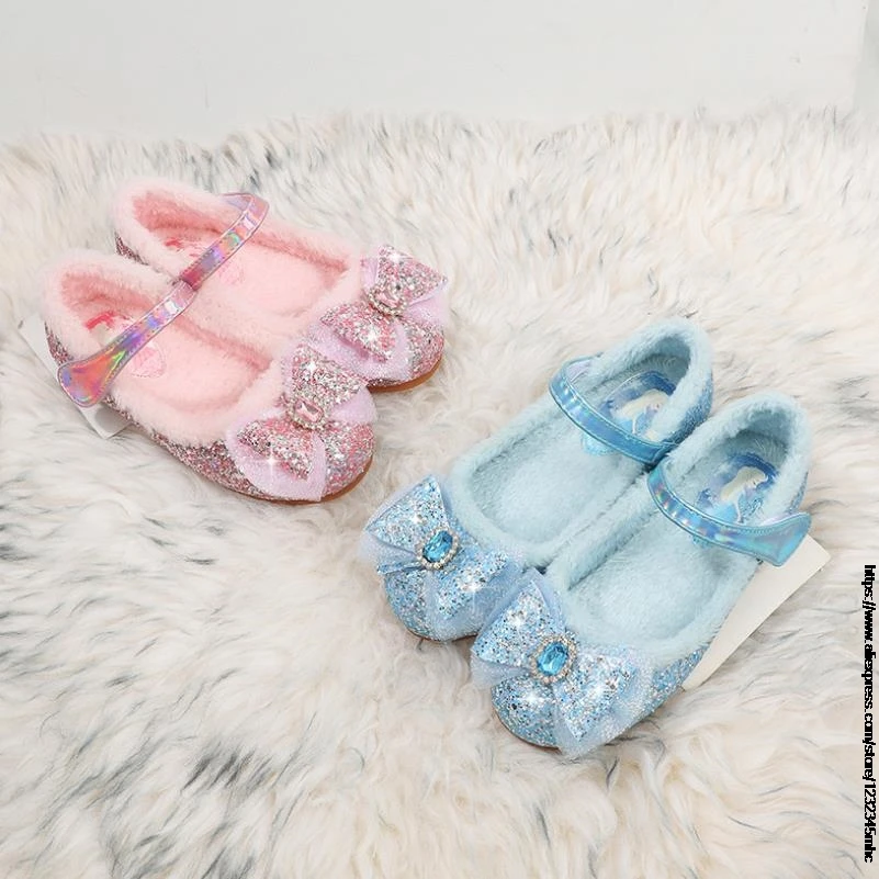 Kids Casual Shoes For Girls Winter Cotton Shoes For Toddlers Girl & Children Flat Loafers With Thick Fur Hairy Frozen Elsa 23-34