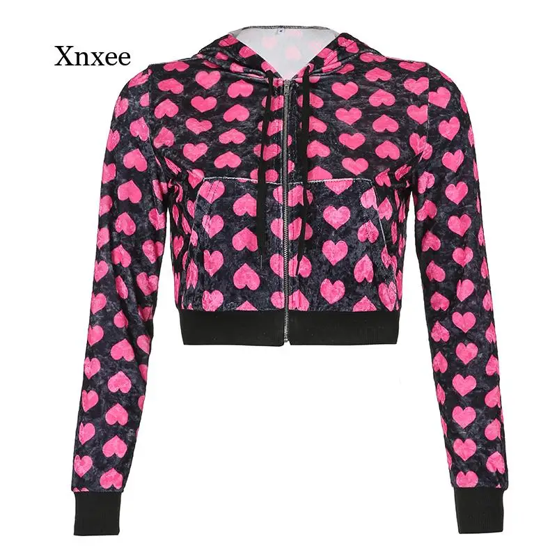 Fall/winter 2021 Women\'s Pink Velvet Cute Hoodie Women\'s Heart-Shaped Printed Kawaii Jacket Zipper Long Sleeve Short Sweatshirt