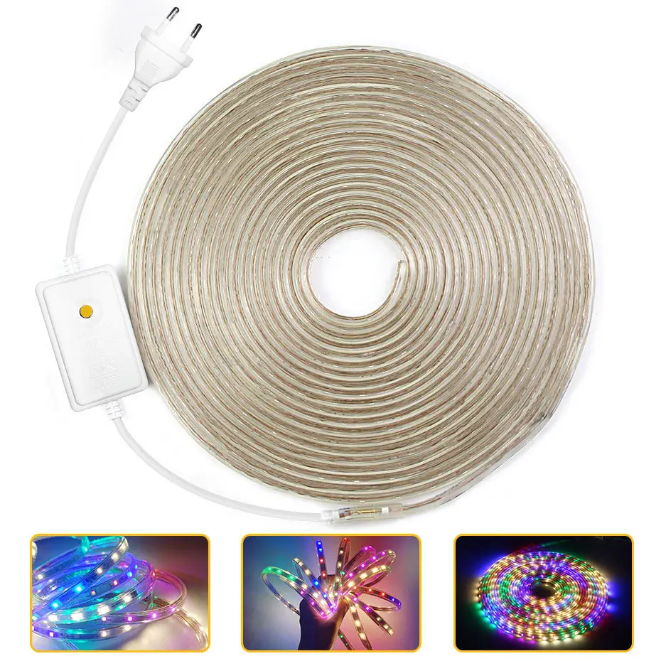 IP67 LED Strip Light EU Plug RGB Tape 220V Waterproof 2835 SMD  for Bedroom Party Kitchen Outdoor Indoor 6 Colors Diode Strips