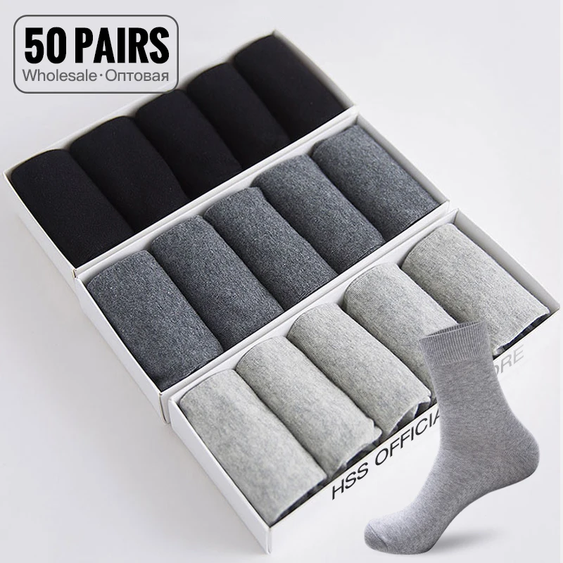 HSS Wholesale 50Pairs Men\'s Cotton Socks Black Business Men Socks Soft Breathable Summer Winter for Male Sock Plus Size (6.5-14)