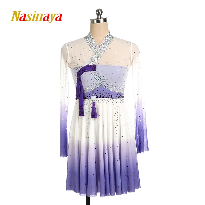 Rhythmic Gymnastics Figure Skating Competition White Purple Shiny Rhinestone Girl Long Sleeve Dress Gradient Color