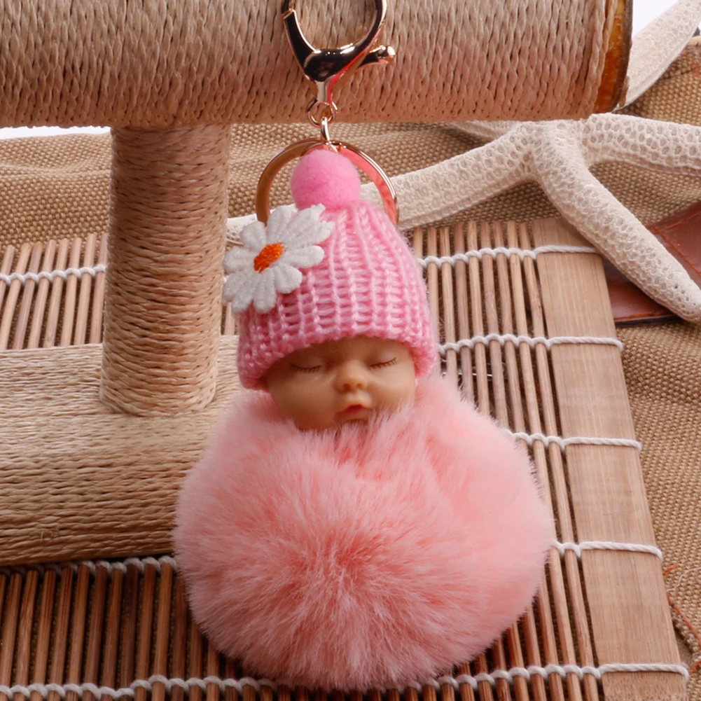 Sleeping Baby Fluffy Pompom Plush Doll Hanging Pendant Key Ring Keychain Birthday Gift Wind Chimes Hanging Ornament Decorations