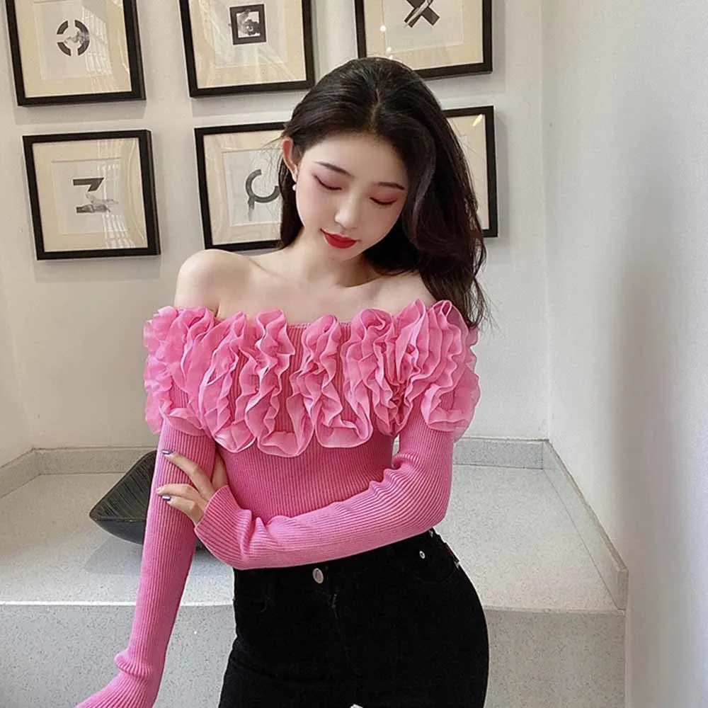 Women New Knitted Sweater Spring Autumn 2022 Korean Style Slash Neck Fungus Colorblock Pullovers Outwear Casual Knitwear Tops