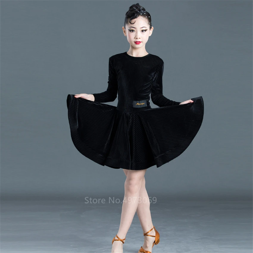 Latin Dance Dress Full Sleeve Velvet Skirts for Girl Children Autumn Winter Ballroom Tango Salsa Vestidos Women Stage Costume