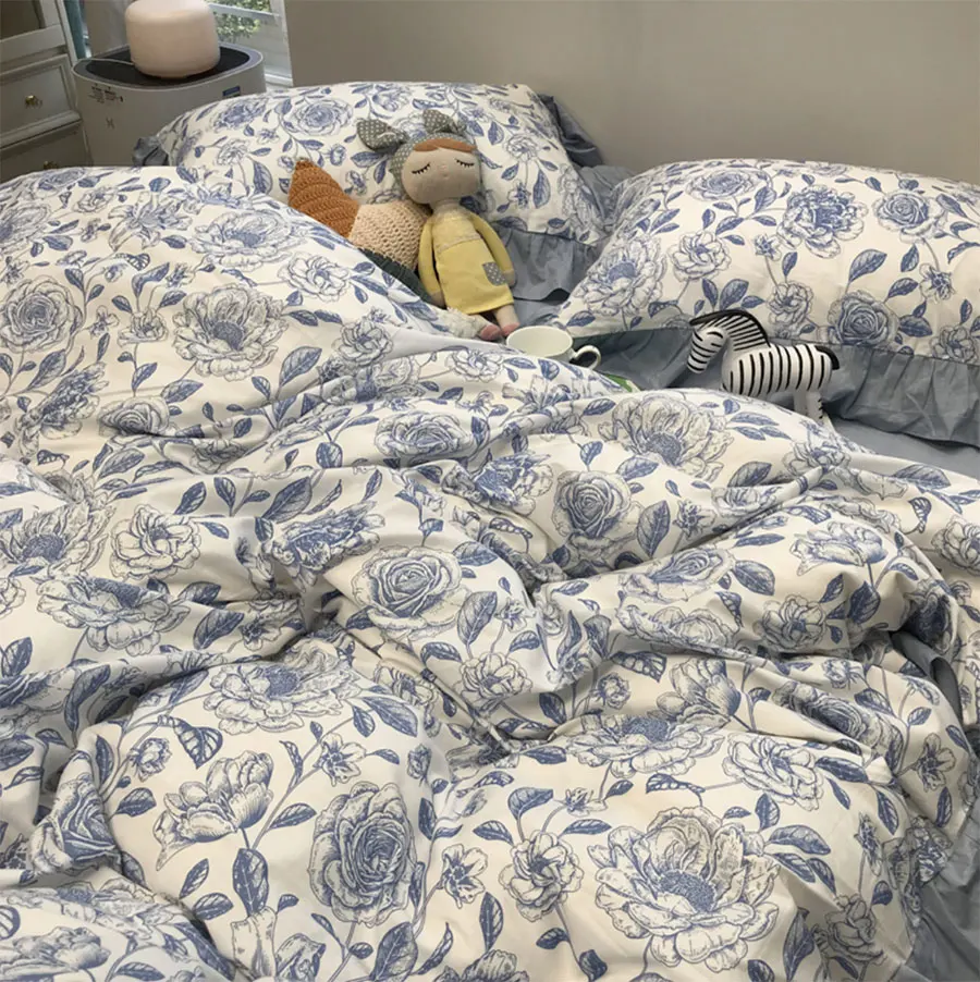 

Vintage blue flower bedding set girl,floral single double cotton twin full queen home textile bed sheet pillow case duvet cover