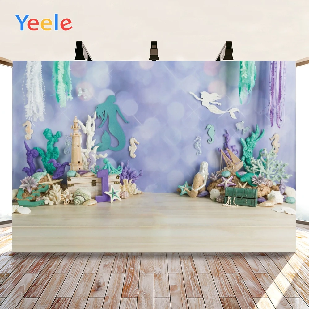 Yeele Photo Backdrops Baby Shower Birthday Party Customized Mermaid Starfish Treasure Wood Floor Background Photophone For Photo