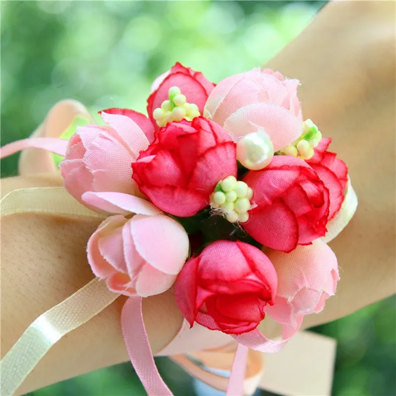 

Wedding Bride Wrist Flower Adjustable Ribbon Rose Bridesmaid Floral Hand Wrist Bracelets Corsage Party Ceremony 100pcs