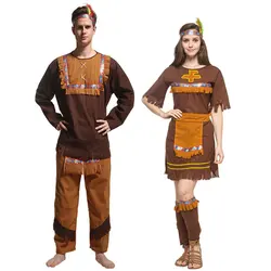 Umorden Adult Couple Indian Native Clothes Women Men Primitive Man Caveman Costume Tassel Halloween Carnival Party Fancy Dress