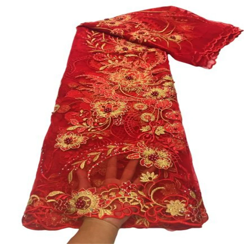 

5Yards Gold Line Embroidery African Tulle Lace Fabric High Quality Red Beaded Nigerian French Net Lace Fabric For Party Wedding