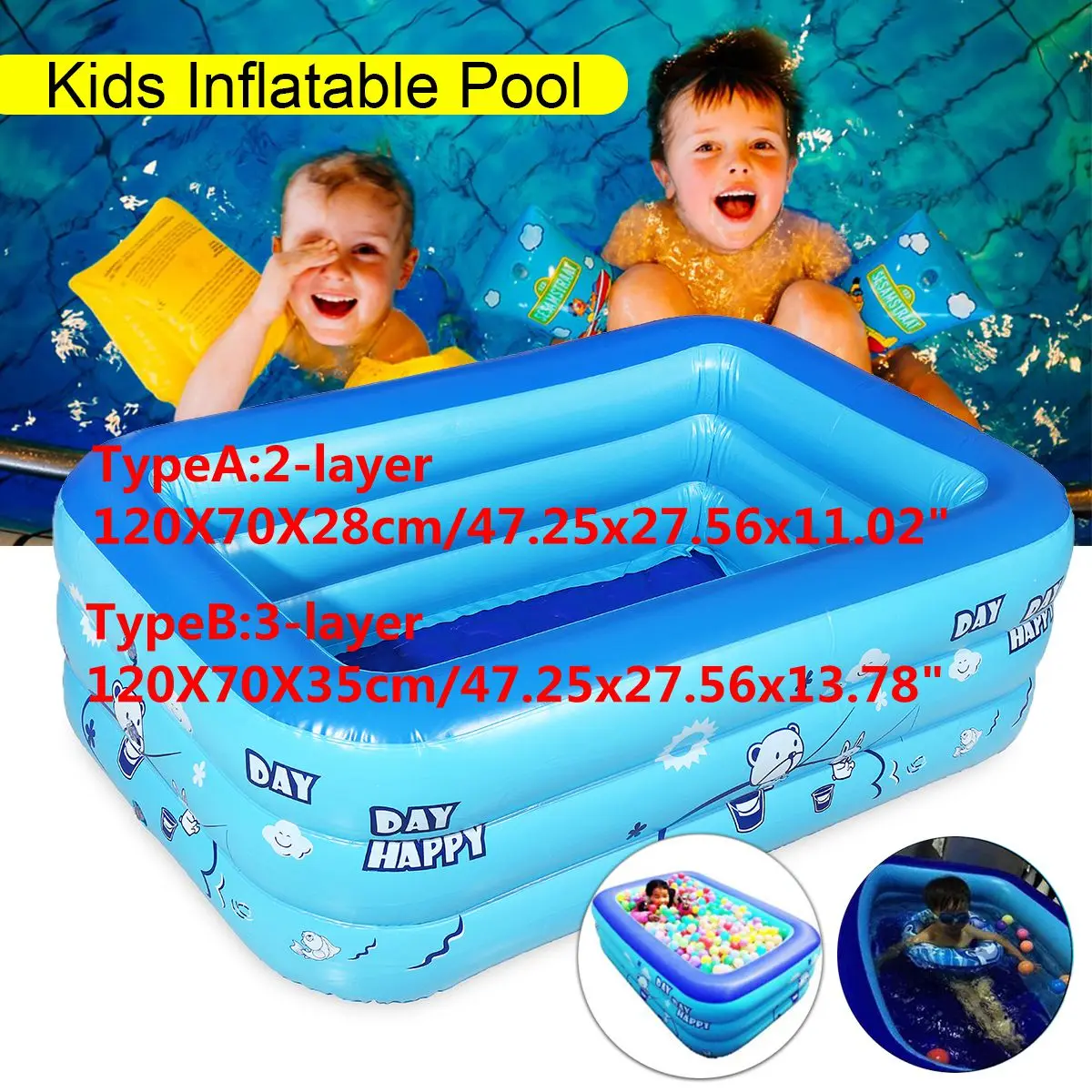 Inflatable Square Swimming Pool Children Inflatable Pool Bathing Tub Baby Kid Home Outdoor Large Swimming Pool 120cm 2/3layers