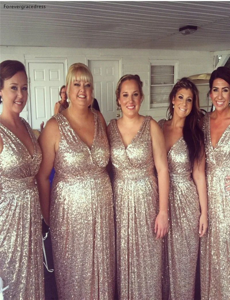 Gold Sequin Bridesmaid Dress Fitted V Neck Long Maid of Honor Dress Wedding Party Gown Plus Size