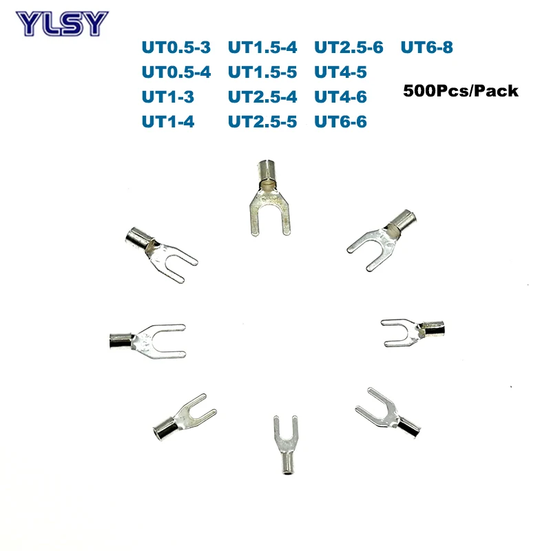 

500Pcs Fork Cold Press Non-insulated Crimp Terminal UT0.5-3~UT6-8 Naked Electric Wire Cable Connector 0.5~6mm2 22-10AWG