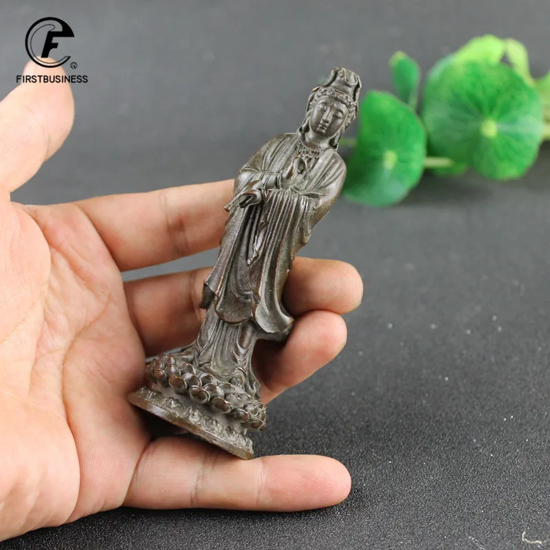 Antique Bronze Guan Yin Statue Ornament Pure Copper Buddha Figurines Miniatures Home Decoration Accessories Crafts Collections