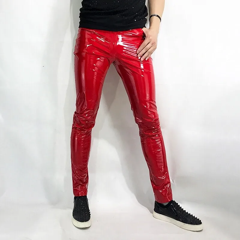 Hot Sexy Red Tight Stretch Mens Mirror PU Leather Pants Gothic Fashion Full Length Nightclub Wear Male Pencil Pants Plus Size