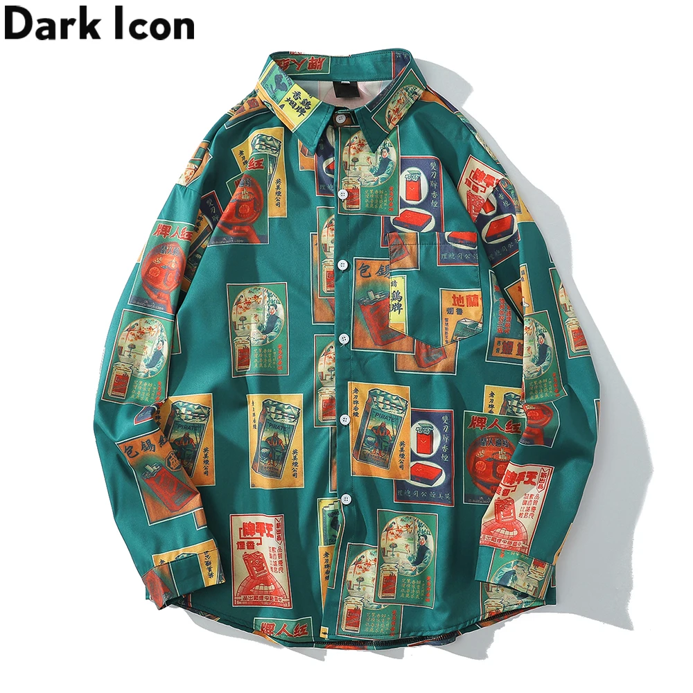 Dark Icon Vintage Printed Shirts Men Turn-down Collar Men\'s Shirt Streetwear Shirts for Man