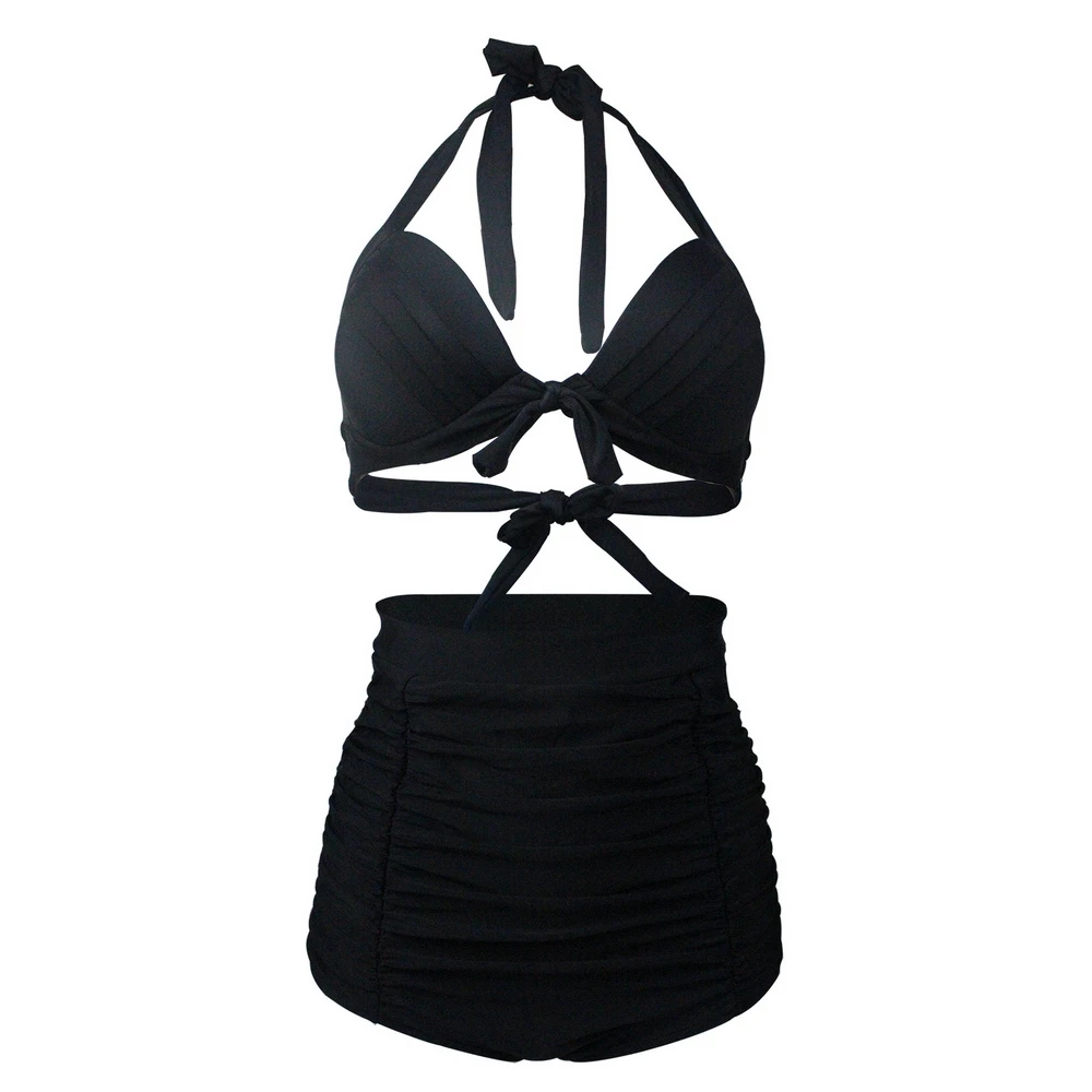 

Pure Black Halter Bikini High Waist Women Vintage Swimsuits Ruched Two-piece Swimwear Conservative Solid Padded Bow Bikini Sets