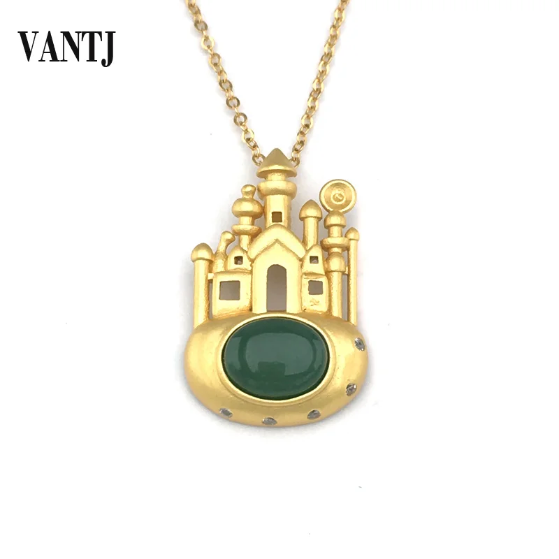 VANTJ Elegant Natural Jasper Pendant Real 925 Silver Castle Necklace Fine Jewelry for Women Lady Party Wedding Gift whit Box