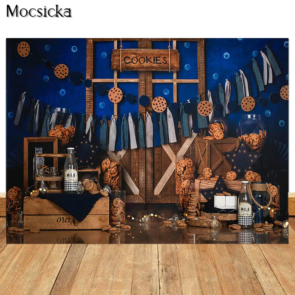 Mocsicka Anak 1st Birthday Fotografi Latar Belakang Balon Bintang Dekorasi Biru Kue Smash Photo Booth Latar Belakang untuk Foto Studio