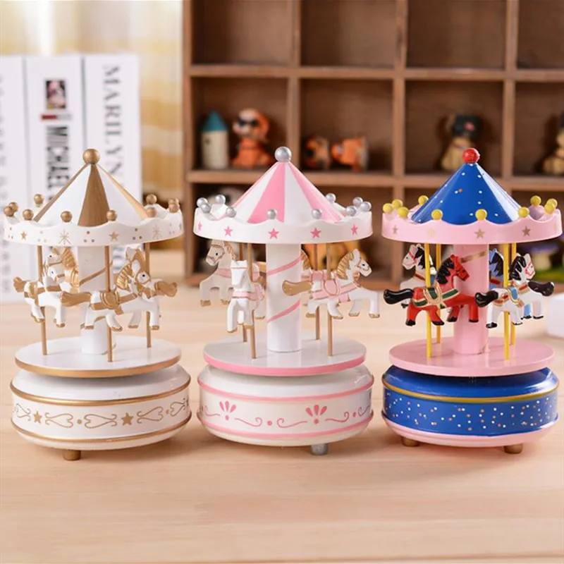 Wooden Carousel Music Box Vintage Merry-Go-Round Horse Music Boxes Baking Cake Decoration Top Christmas Birthday Gifts