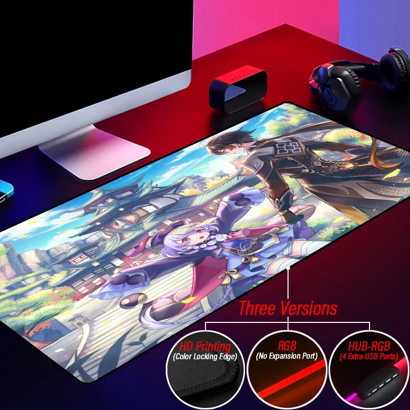 Large Genshin Impact Illuminate Mouse Pad RGB Fischl Xiao Keqing Led Mousepad 900x400 HUB 4 in 1 USB Customized Rubber Desk Mats