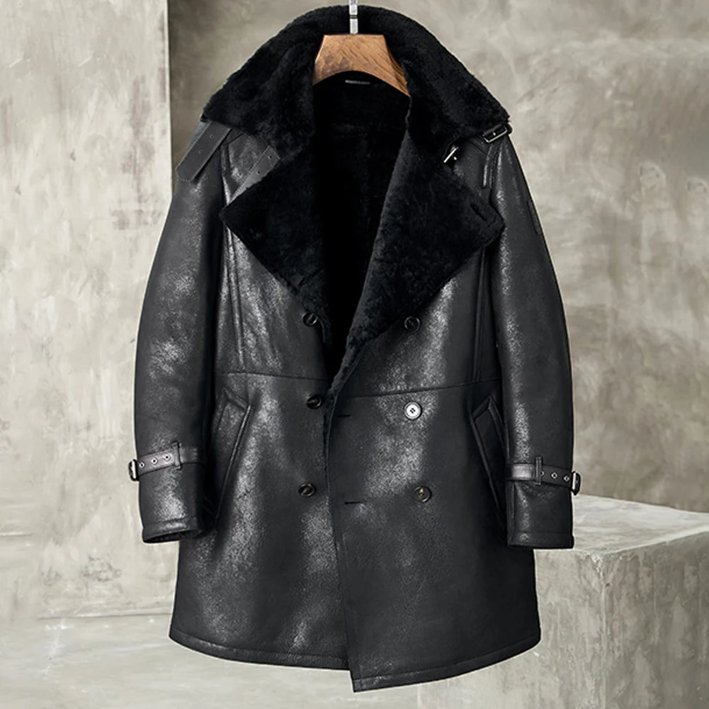 Shearling Jacket Mens Long Style Leather Jacket Mens Winter Coats Fur Jacket Military Style Trench Coat Black