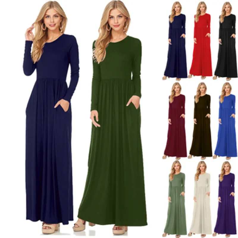 2021 Women Autumn Casual Slim fit Long Dress Round Collar Pleated Long Sleeve Shirring Waist Dresses Simple Solid Maxi Dress