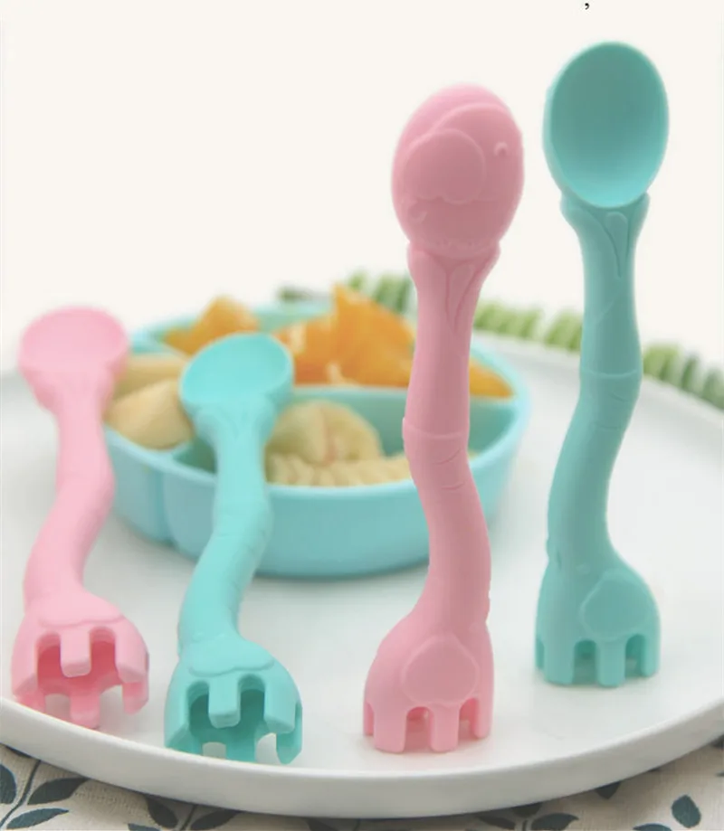 

2in1 Cute elephant Giraffe Baby Feeding Spoon and Fork Soft Silicone Children's tableware BPA Free baby health Teether Utensils