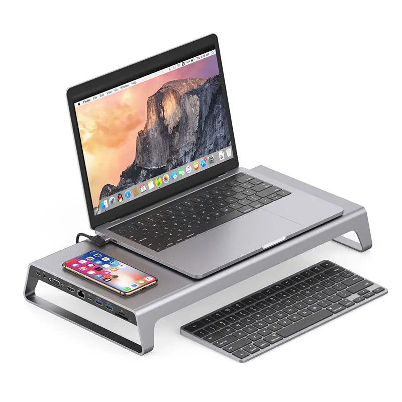 11 in 1 Type C Docking Station, Wireless Charging, Aluminum Alloy Bracket, VGA Gigabit Ethernet Port, HDNI Interface