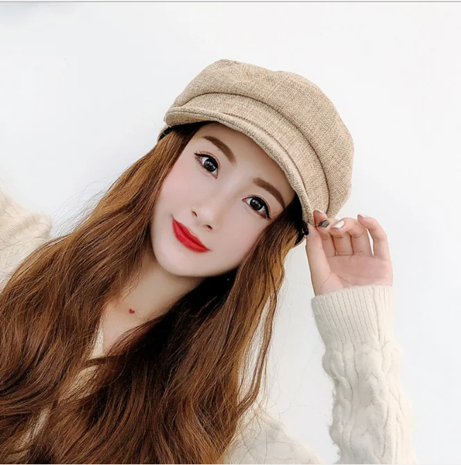 Women  Wig Hat Autumn Winter Women's Cotton Hemp Octagonal Hat Suit Korean Leisure Duck Tongue Hat Girl Brown