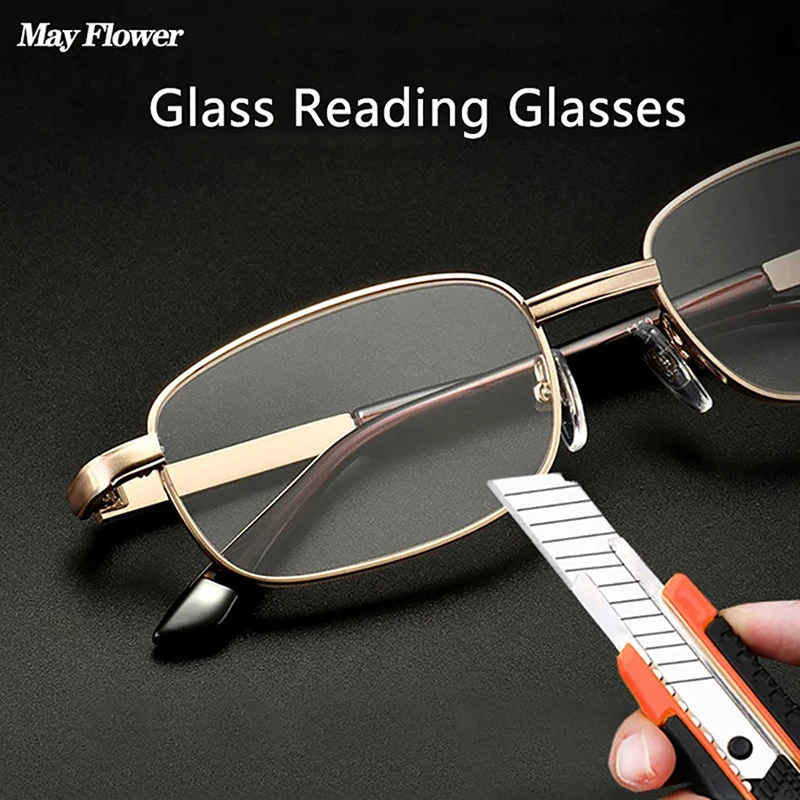 Anti-Scratch Reading Glasses Retro Square Presbyopic Eyewear With Glass Lenses Metal Hyperopia Eye Glasses Men\'s glasses +3.5+4