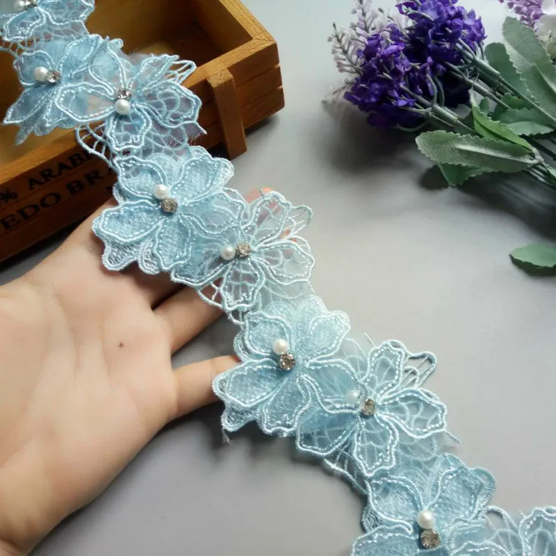 

20Pcs/Lot Blue Petal Flower Organza Embroidery Fabric Lace Patch Trim Clothes 3D Beading Flower Wedding Dress Diy Applique