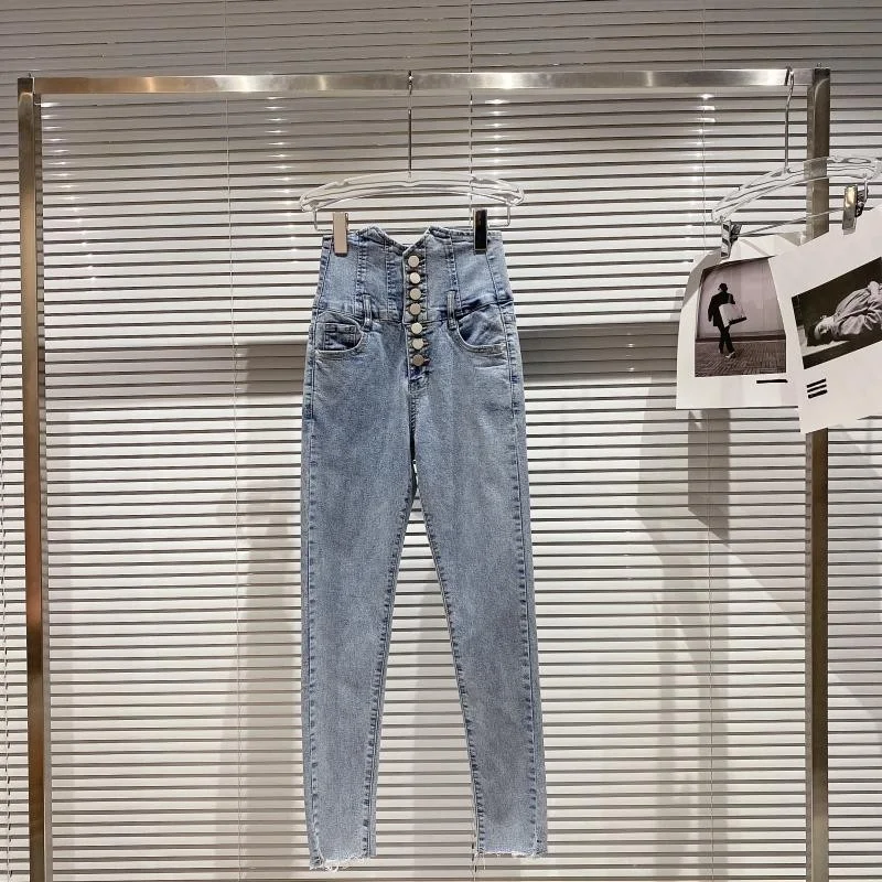 

New Spring Women High Waist Buttons Skinny Jeans Slim Fit Ladies Casual Stretchy Long Denim Pants Female Trousers Streetwear